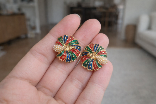 Royal Peacock Enamel Pearl Earrings
