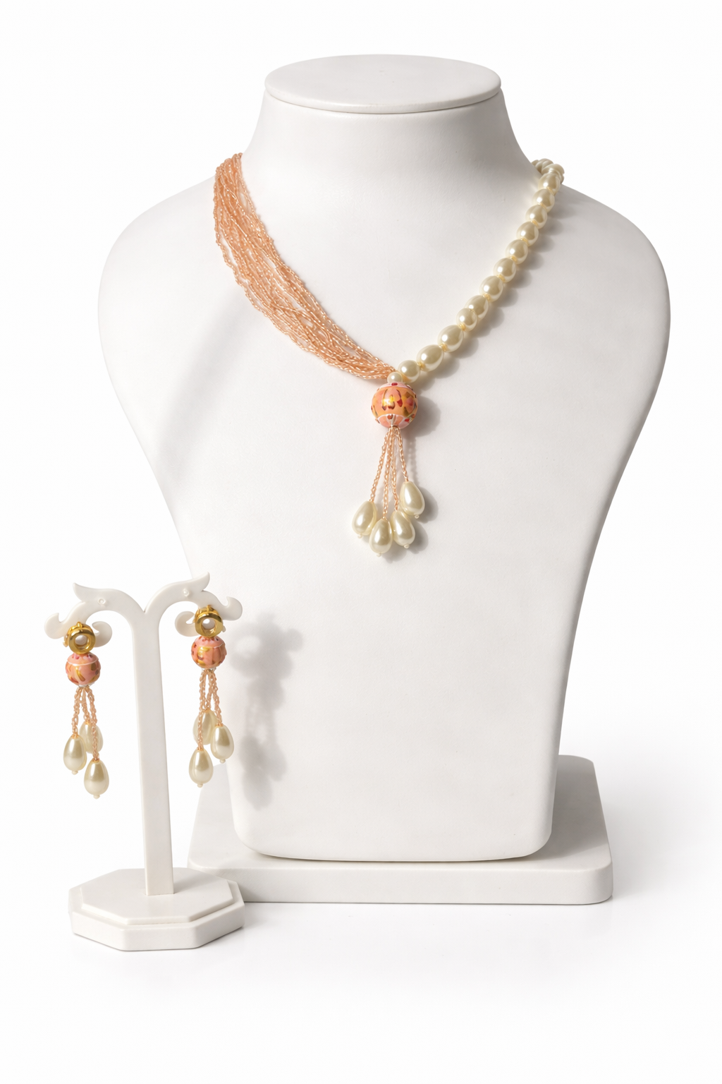 Peach Pearl Tassel Necklace Set