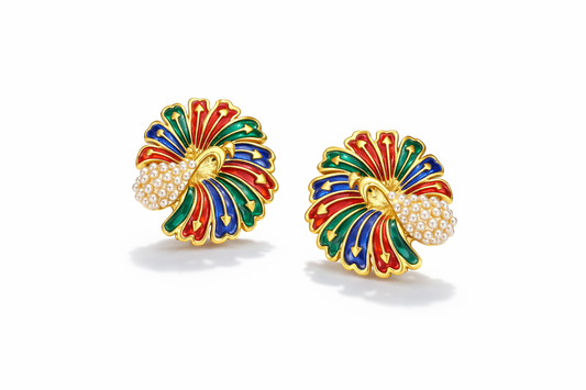 Royal Peacock Enamel Pearl Earrings