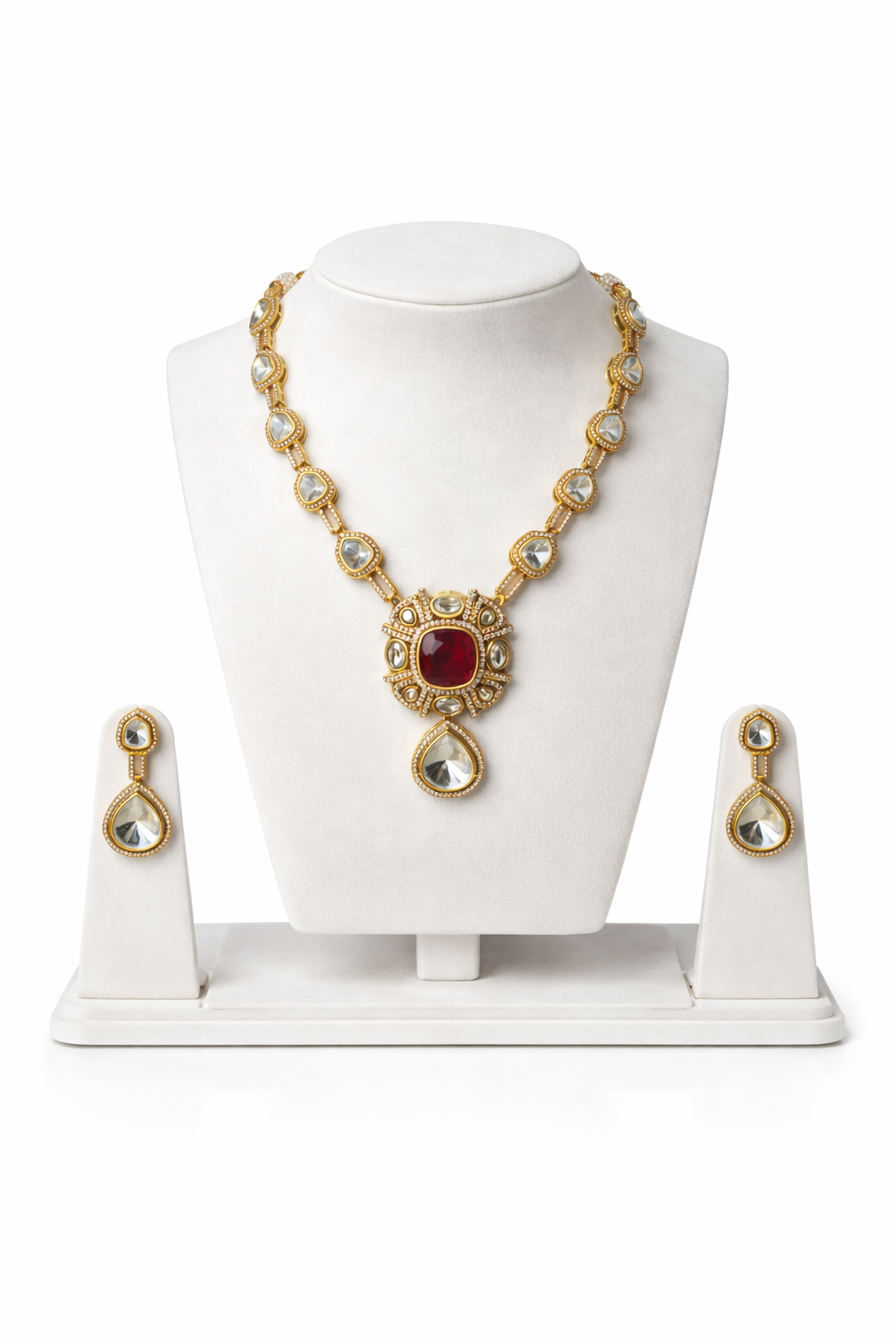 Rajwadi Crimson Polki Necklace Set