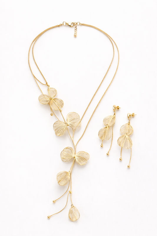 Golden Petal Cascade Necklace Set