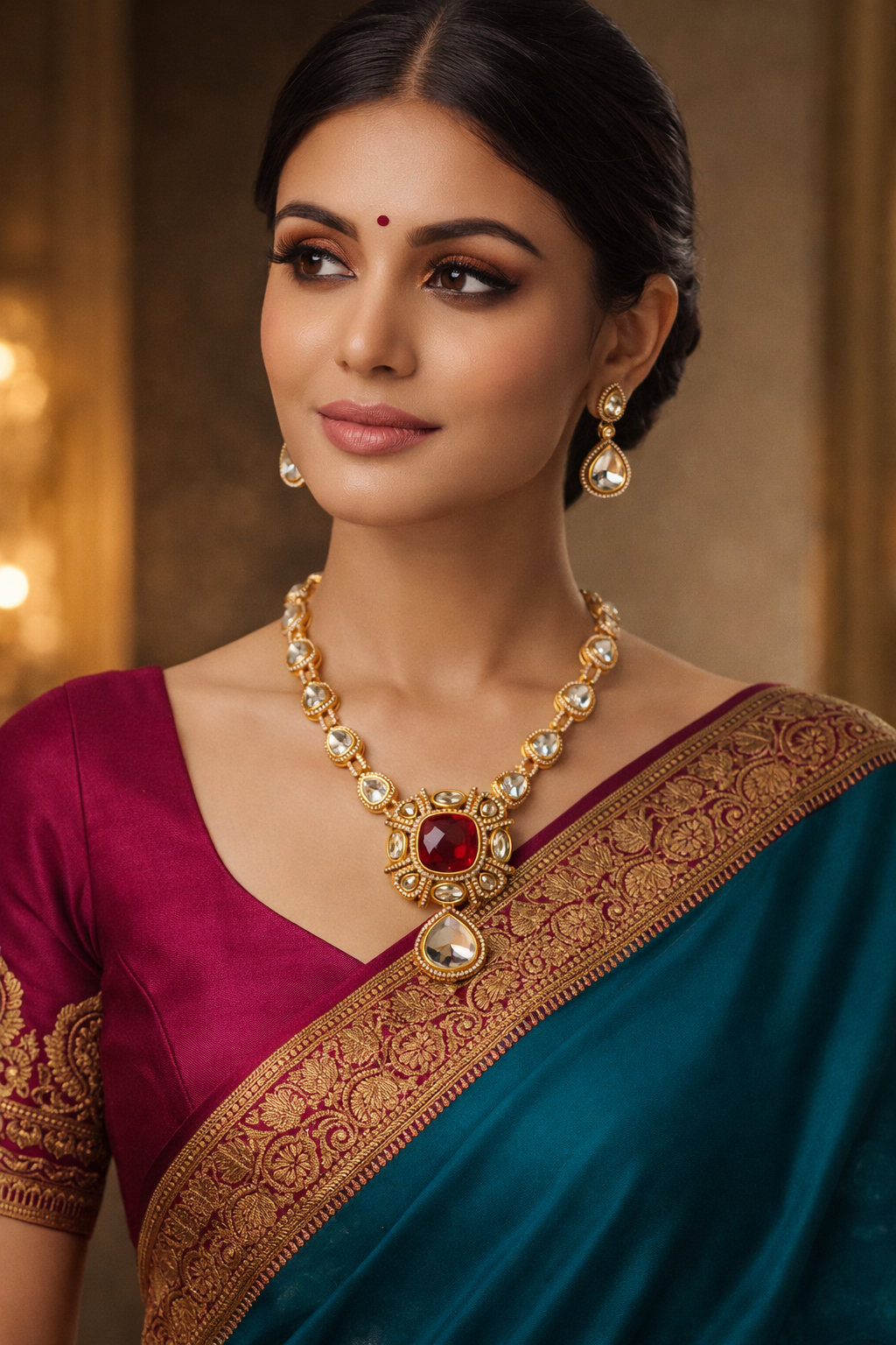 Rajwadi Crimson Polki Necklace Set