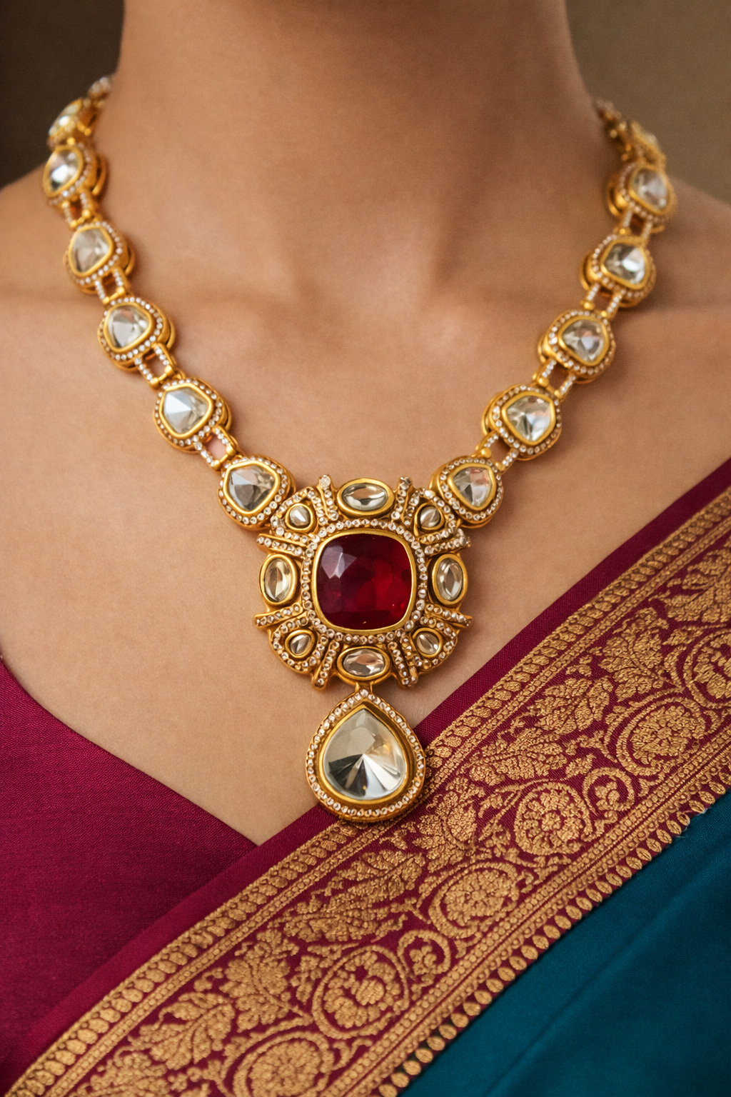 Rajwadi Crimson Polki Necklace Set
