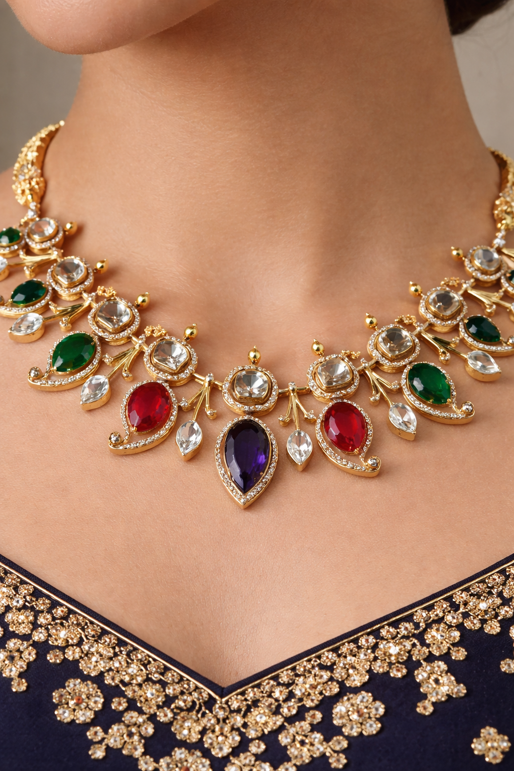Navratna Royale Drop Necklace Set